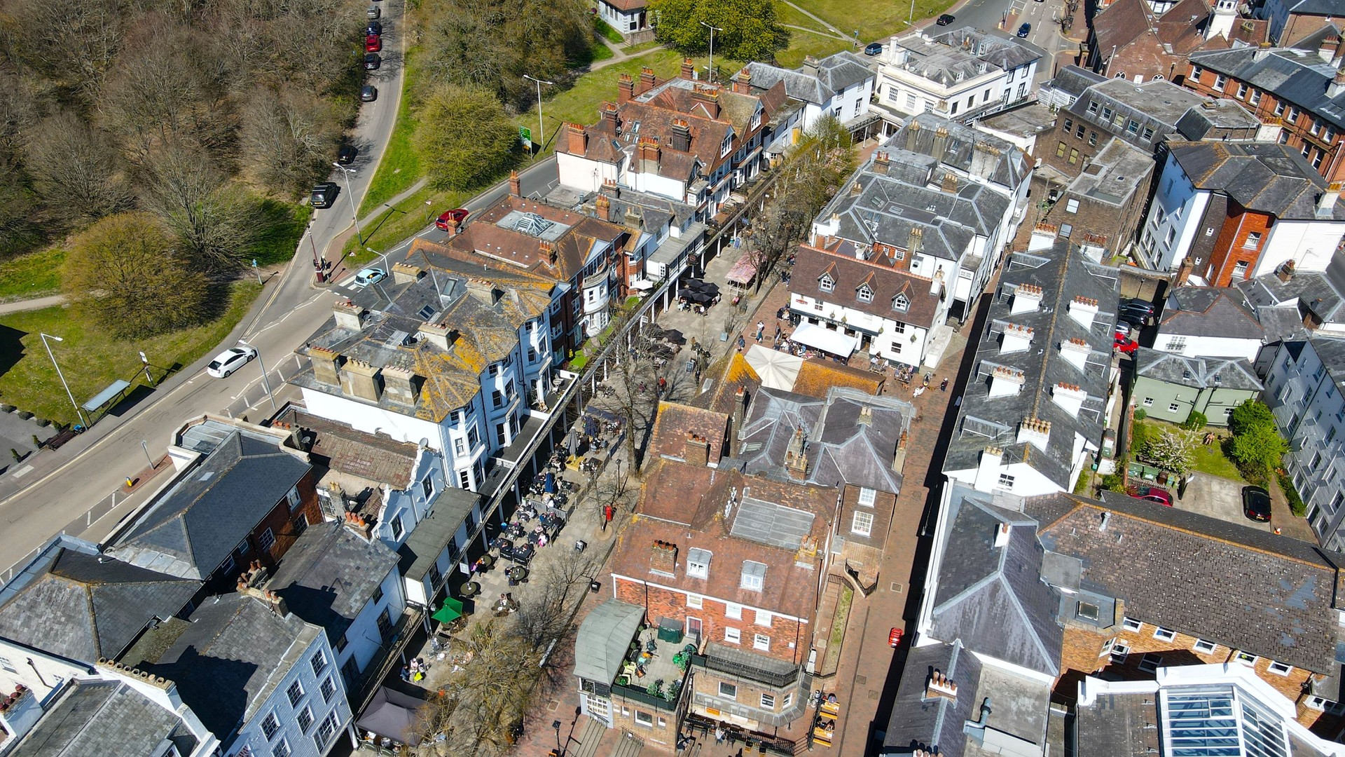 Royal Tunbridge wells Pantiles shops UK Drone, Aerial, view from air, birds eye view, Kent UK Drone, Aerial,